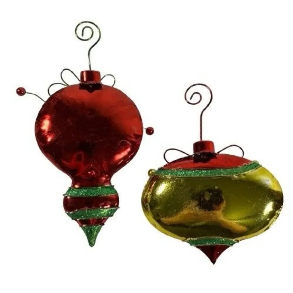 2 Large Vintage Metal Red & Green Christmas Ornaments Holly Berry w/Bells & Hook